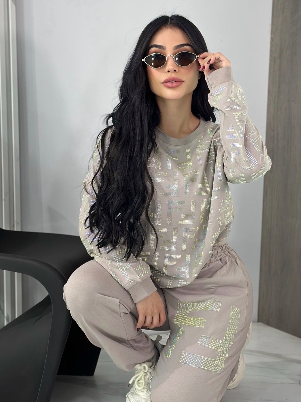 Shimmer Detail Taupe Sweatshirt with Matching pants size M